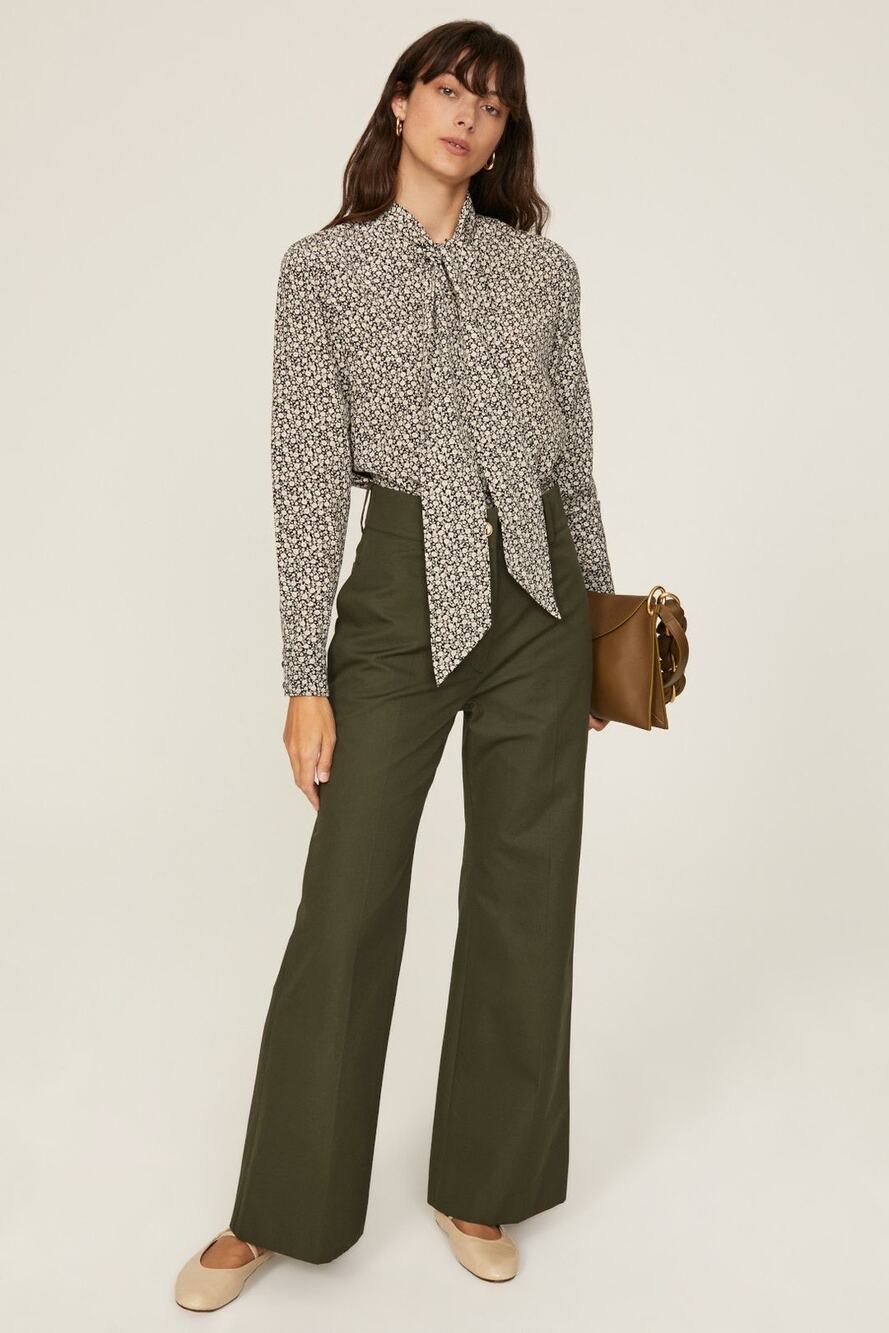 Tory Burch Black White Ditsy Floral Silk Tie Neck Bow Long Sleeve Blouse Size 14